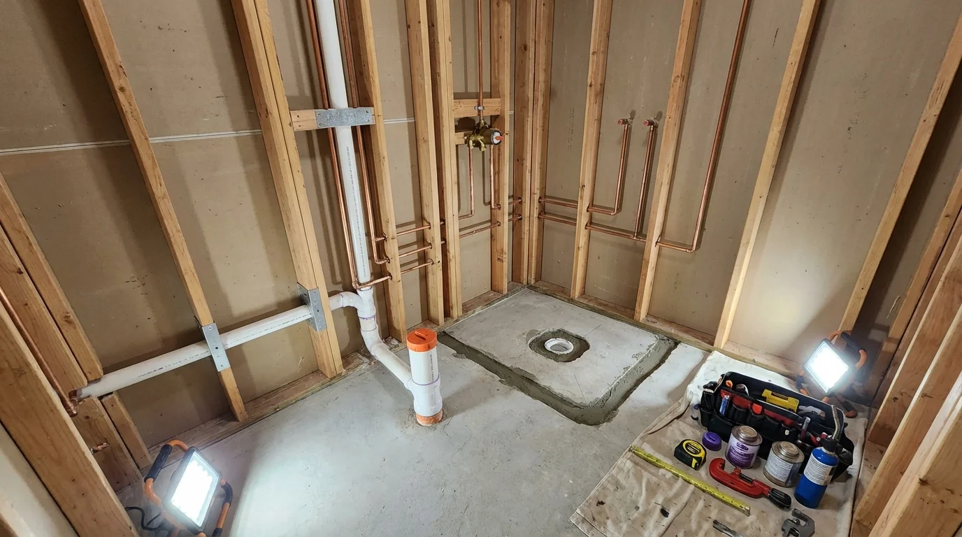 Bathroom rough-in plumbing during remodel by Johns Plumbing LLC in Galt