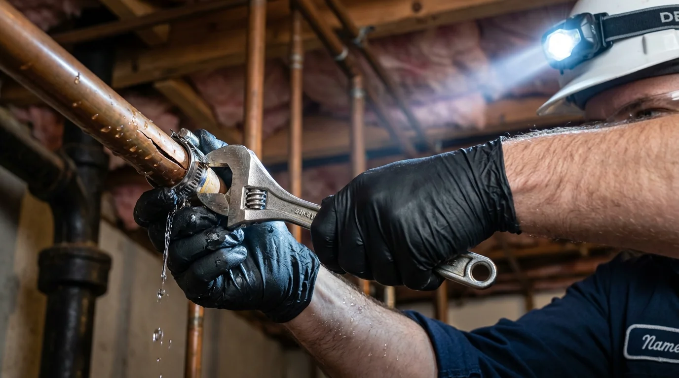 Emergency pipe clamp repair being performed by a Johns Plumbing LLC plumber in Galt