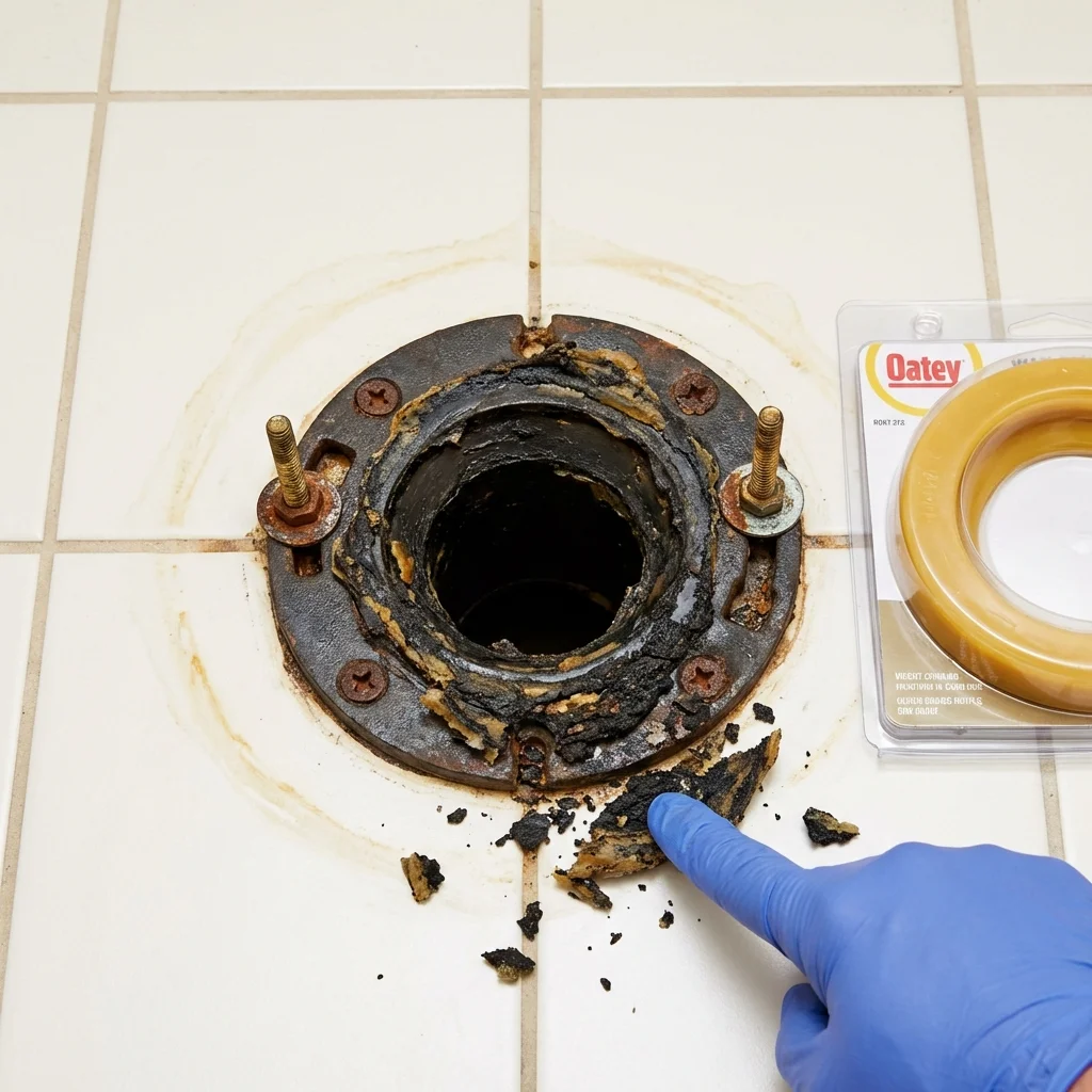 Failed wax ring showing water seepage at the base of a toilet in a Galt, CA home